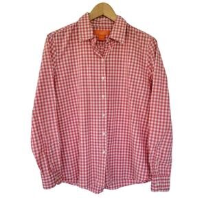 Joe Fresh Gingham Button Down Shirt Orange White Womens Size M Long Sleeve